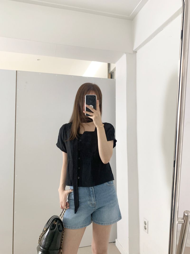 Blian Puff Short Sleeve Blouse Scarf Tie Set