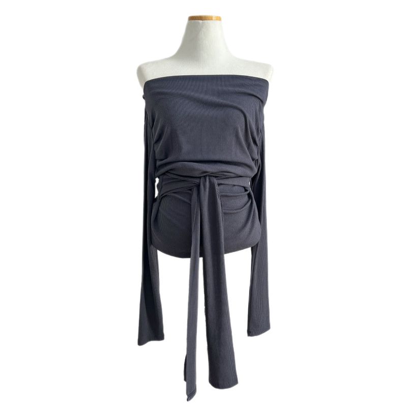 Loving Front Wrap Tie Boat Neck Long Sleeve Tee 