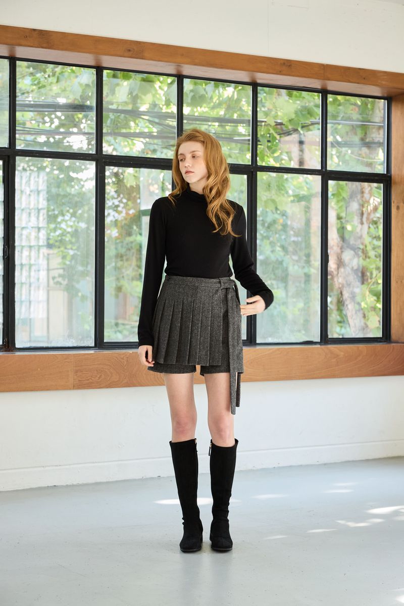 CLASSY HERRINGBONE WOOL SKIRT PANTS / CHARCOAL