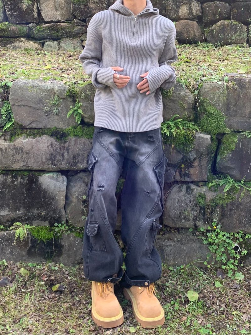 Rib Hood Half Zip-Up Knit