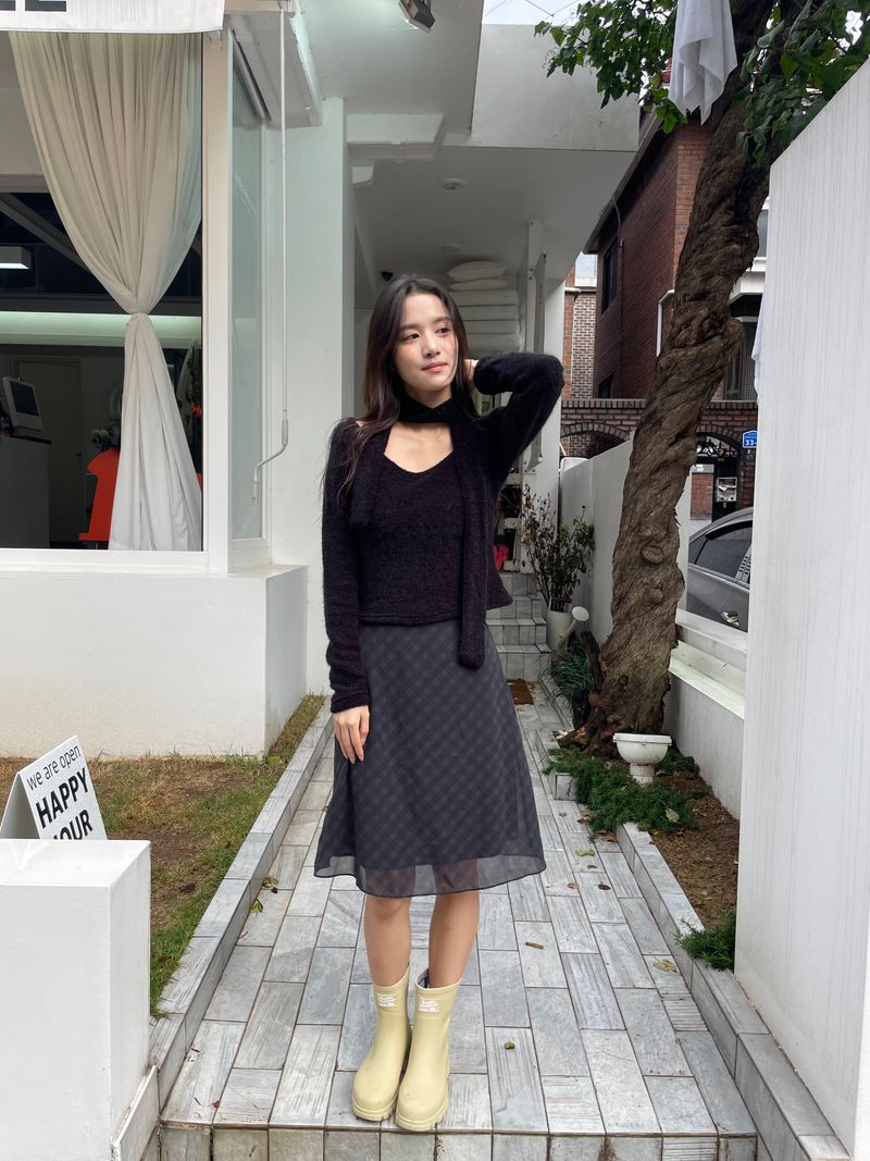 Rosé checkered silk banding skirt