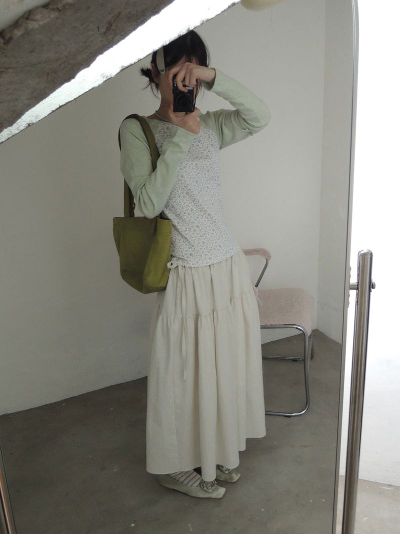 side string long skirt (mint stripe) (washed cotton)