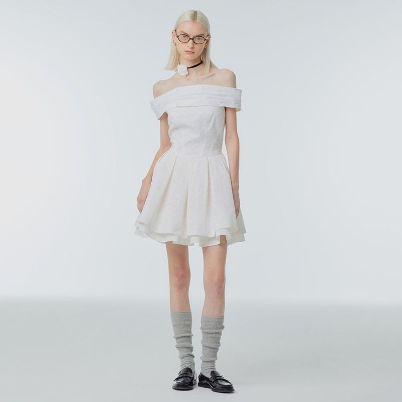 Off-the-shoulder flared mini dress