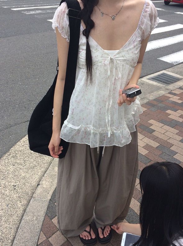 Rijin Flower Frill Flare Chiffon Blouse