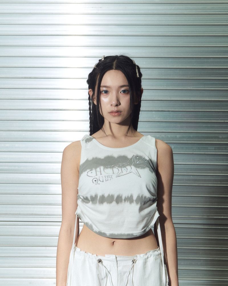 gem stone shirring top- white