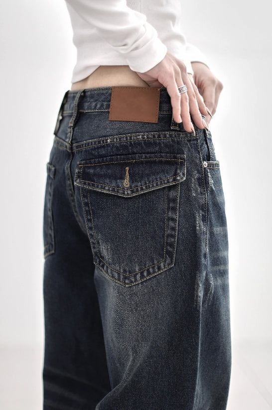 Cuffed cat washing denim pants