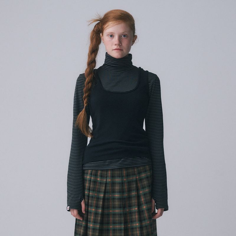 FUN FROM FUN（ファンフロムファン）の「STRIPE HIGH NECK LAYERED TEE, BLACK（Tops）」
