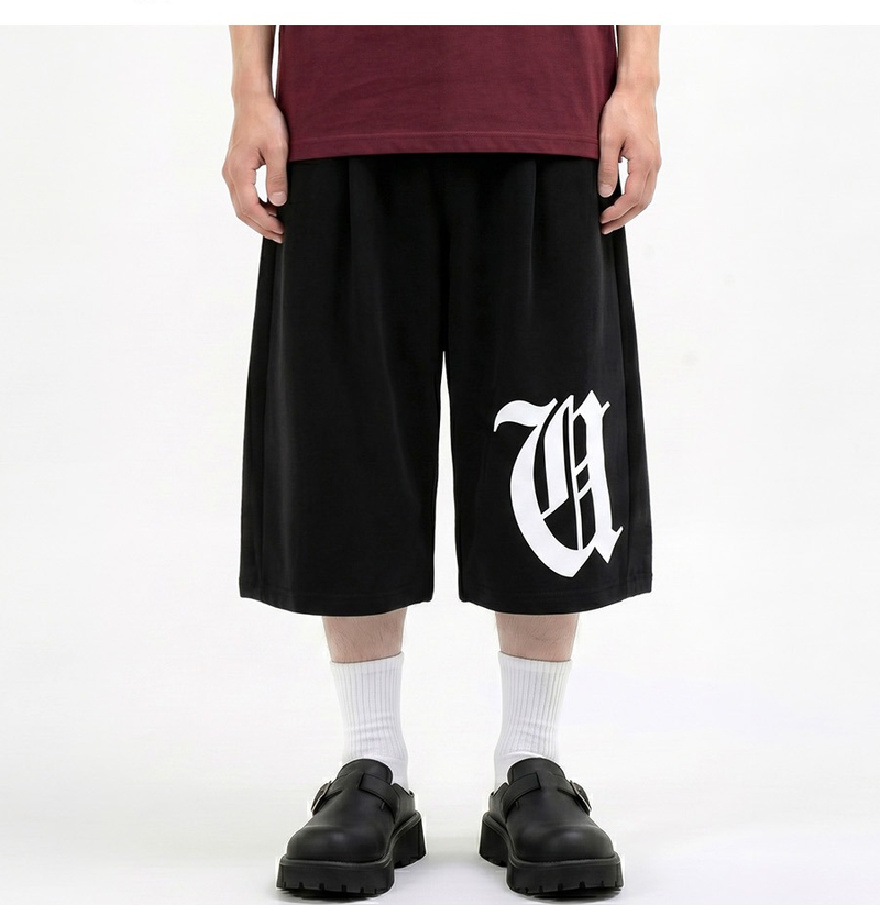 Balloon Curved Sweat Bermuda Pants Black Gothic