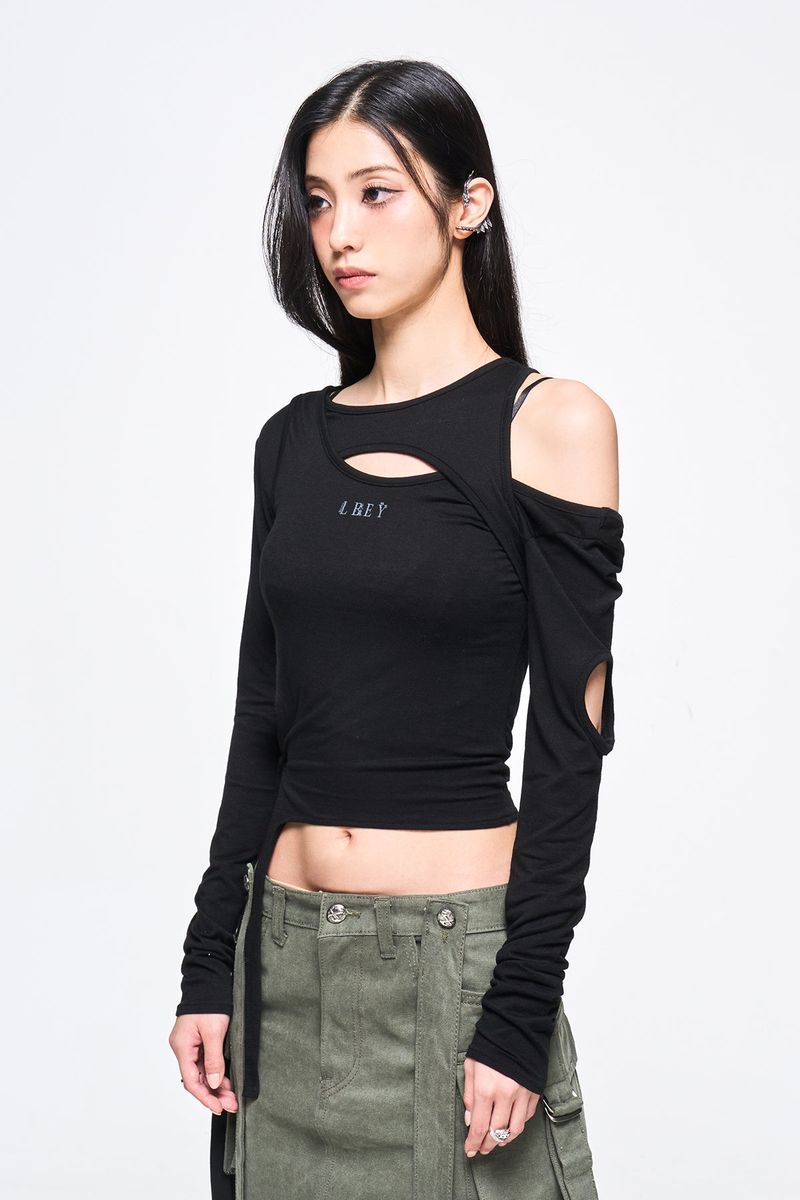 CUT OUT LONG SLEEVE TOP BLACK