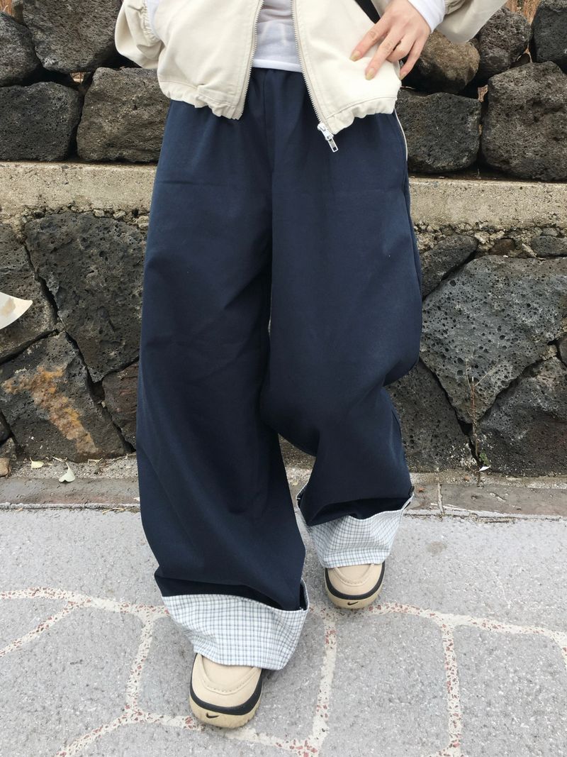 Checky Button Roll-up Wide Pants (2c)