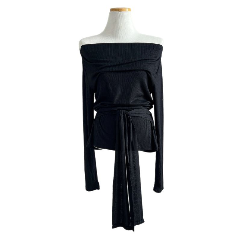 Loving Front Wrap Tie Boat Neck Long Sleeve Tee 