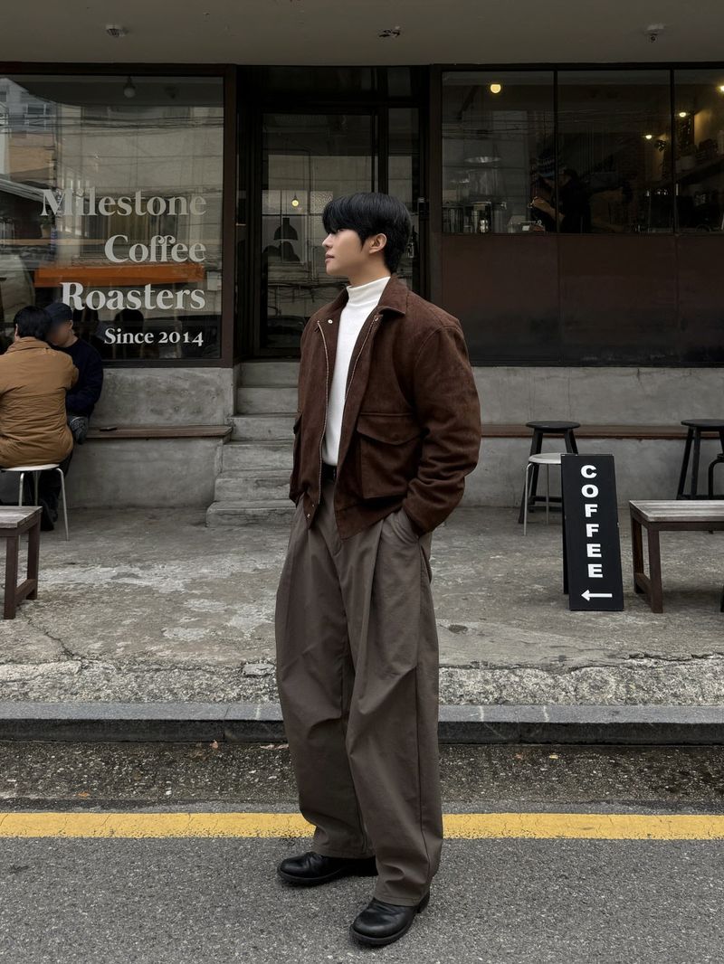 (fleece ver) Unbalanced pintuck curved pants