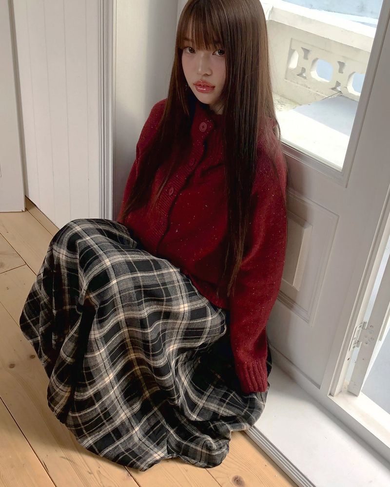 Looping Wool Asymmetric Long Check Layered Skirt