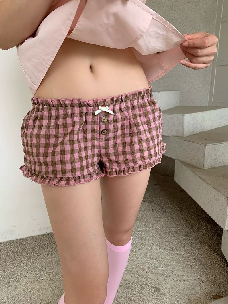 eat me plz（イート ミー プリーズ）の「EatmePlz Pink Brown Check Vintage Loose Drawstring Home Pants and Shorts（Pants）」