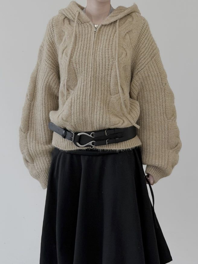 mnem（ムネム）の「Cable Two-Way Knit Hood Zip-Up（Tops）」