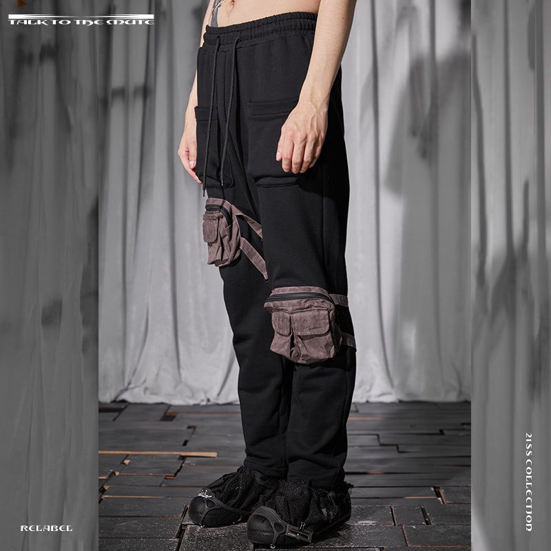 RELABEL Tie-Dye Distressed Tactical Multi-Pocket Patchwork Canvas Sweatpants