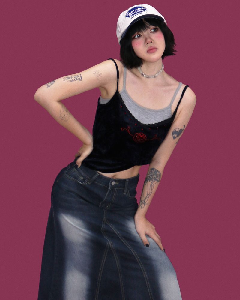 popping denim long skirt