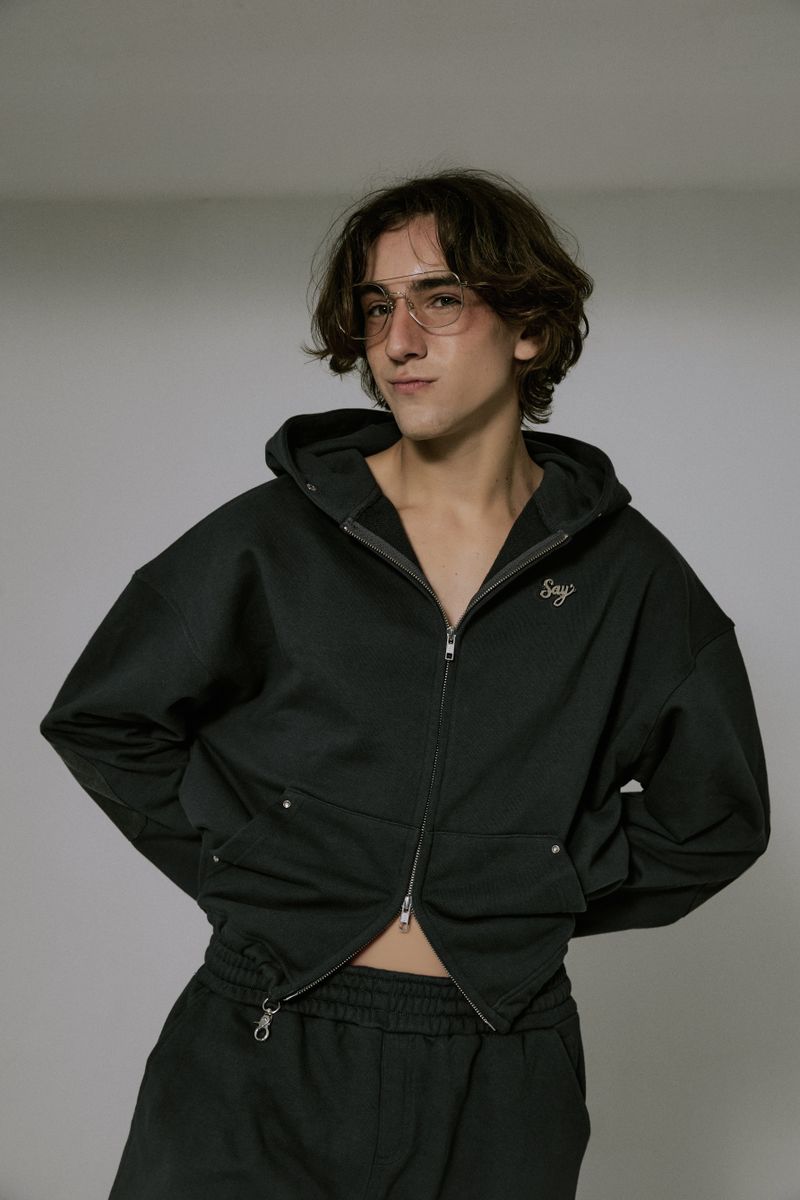 Silver Logo Docking Crop Hood Zip-Up Charcoal