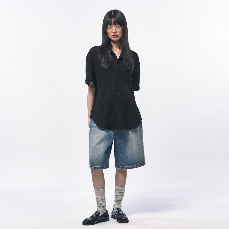 CROCHET KNIT HALF SHIRTS BLACK