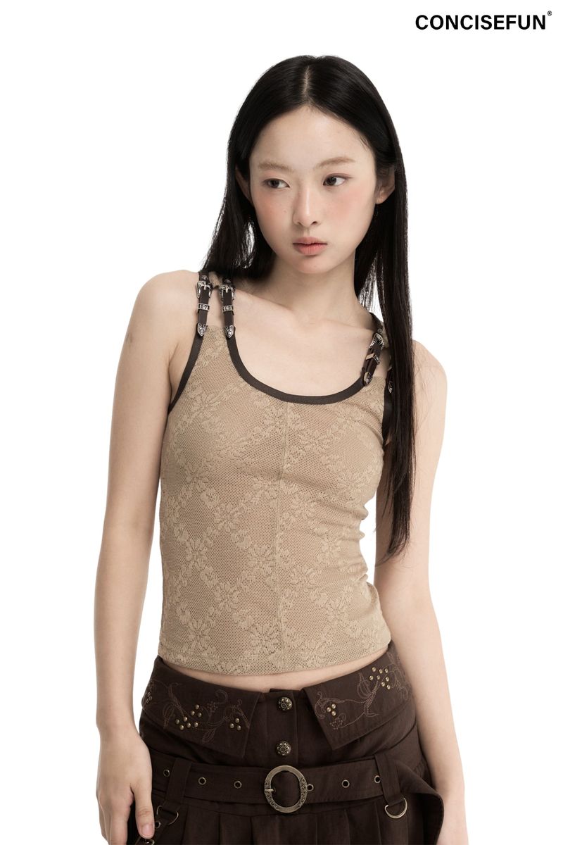 CONFUN（コンファン）の「CONFUN Retro Metal Leather Buckle Decorated Floral Jacquard Fabric Color-Contrasting Edged Knitted Tunic（Tops）」