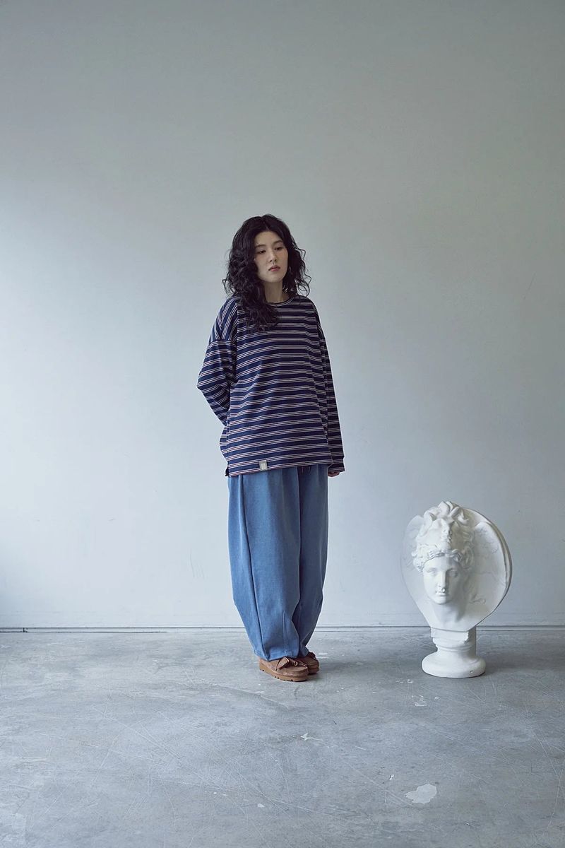 STRIPE BINDING-NECK BOX TEE (Dark Navy)