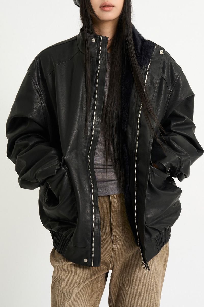 Fur lining leather blouson jumper