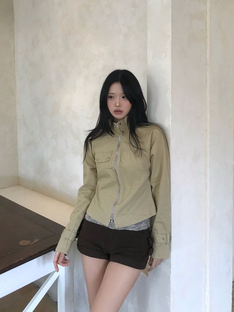 Luen High-neck Belt Raglan Cotton Jacket
