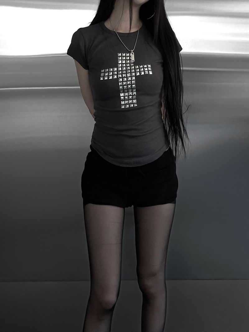 metallic cross stud short sleeve (3color)