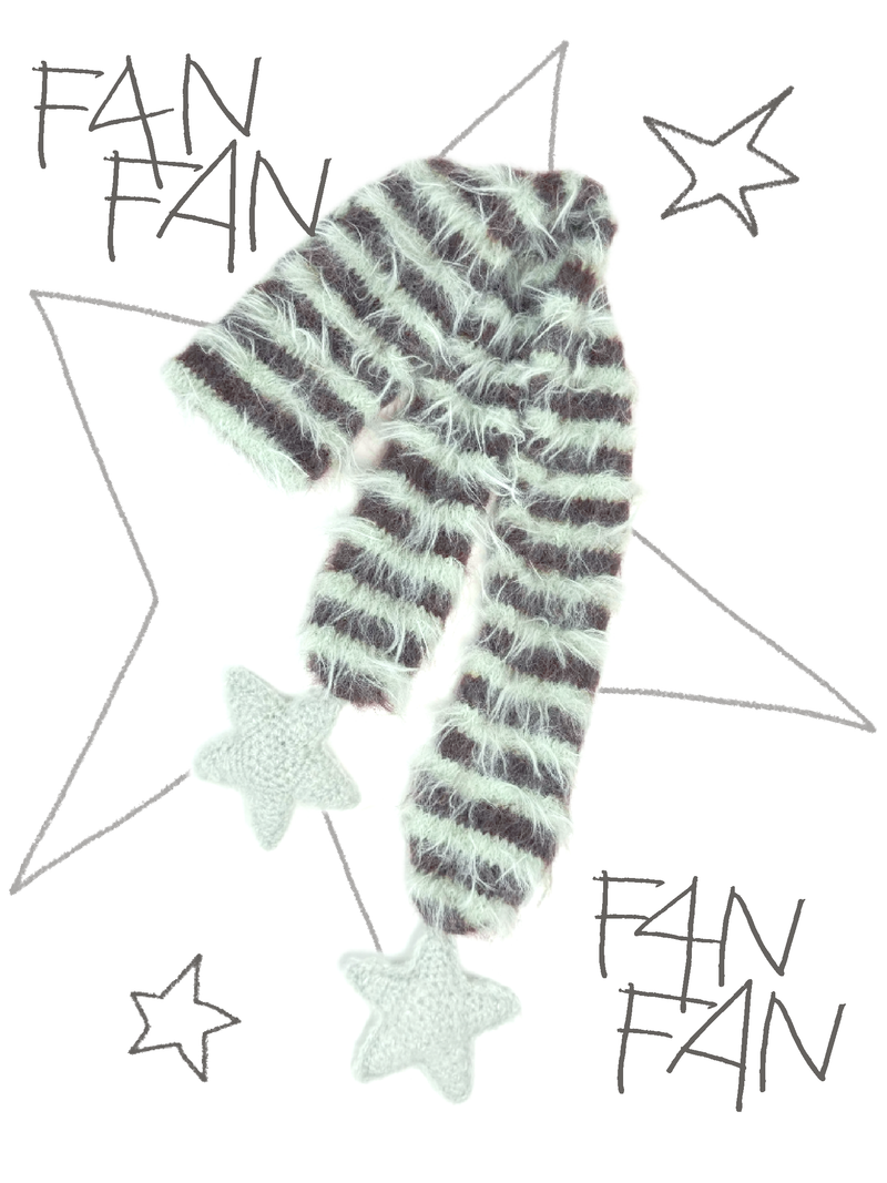 Fluffy Striped Scarf with Star Accents at Both Ends, Cozy Long-Yarn Wrap for Autumn & Winter