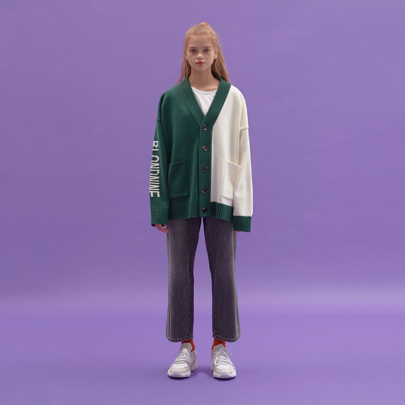 INTARSIA HALF HALF KNIT CARDIGAN_KHAKI