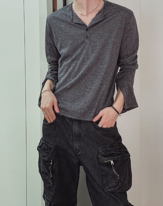 Div Ribbed Henley Neck Long Sleeve Tee 