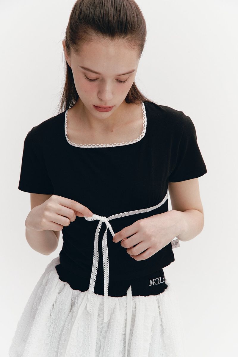 Lace Ribbon Shirring Top Black