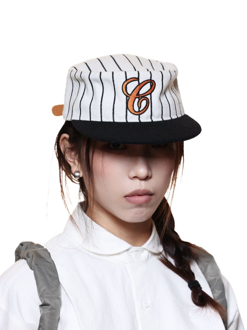 6CRAYON  Retro Flat Top Baseball Cap - Striped Wool Blend with Embroidered Letters