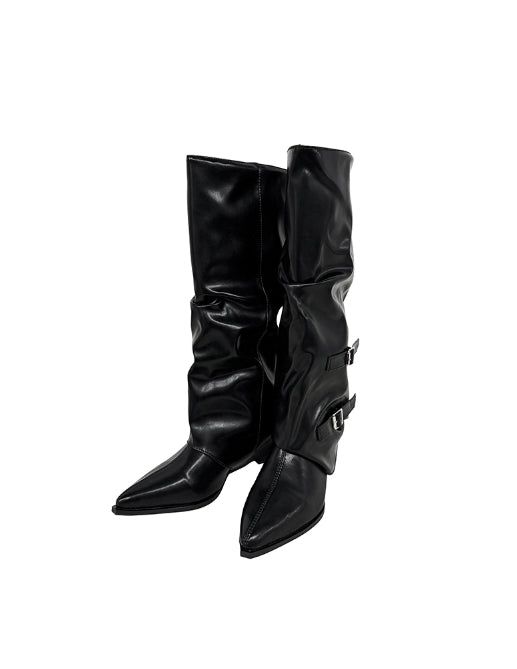 Double Buckle Shirred Stiletto Long Boots