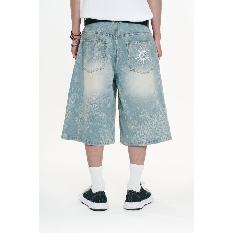 Leopard Bermuda Denim Pants - Light Blue