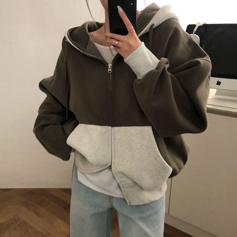 [BELLIDE MADE] two-tone coloring wool boxy hooded zip-up