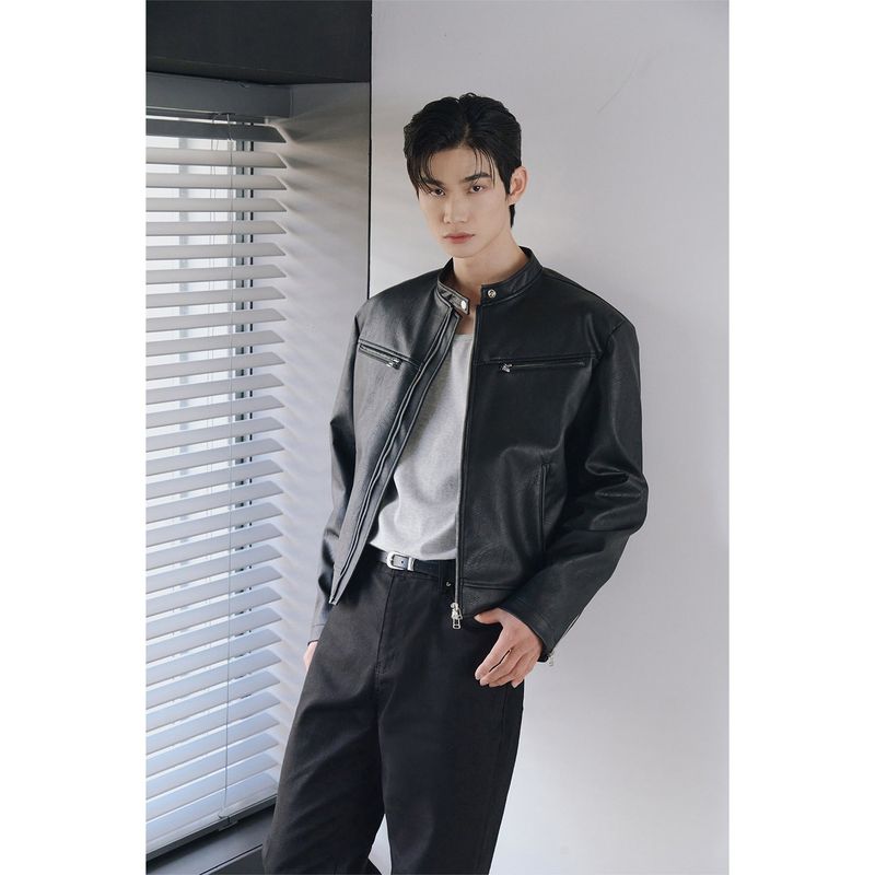 Essential cracked leather biker jacket(Black)