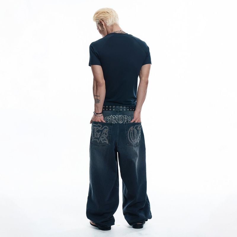 Lettering Wide Denim Pants - BLACK