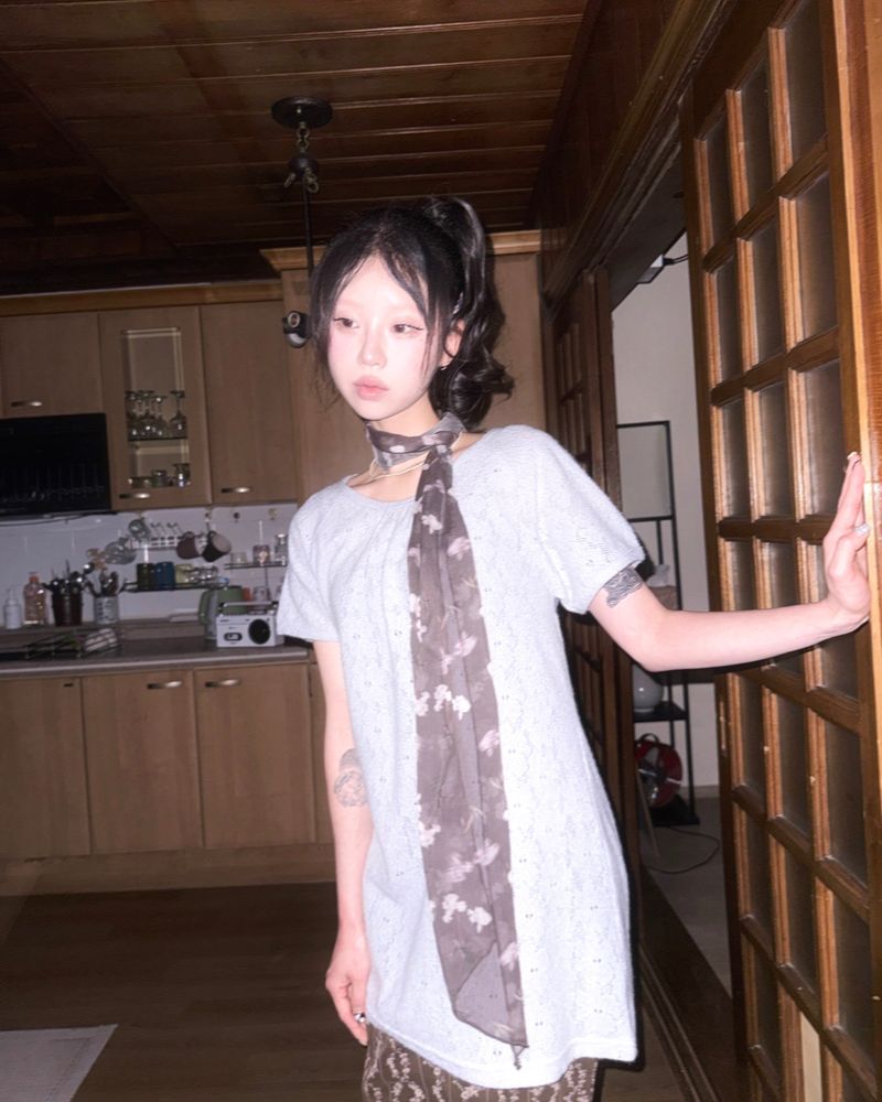 (2color) Flower Lacy Knit Long Short Sleeve Tee
