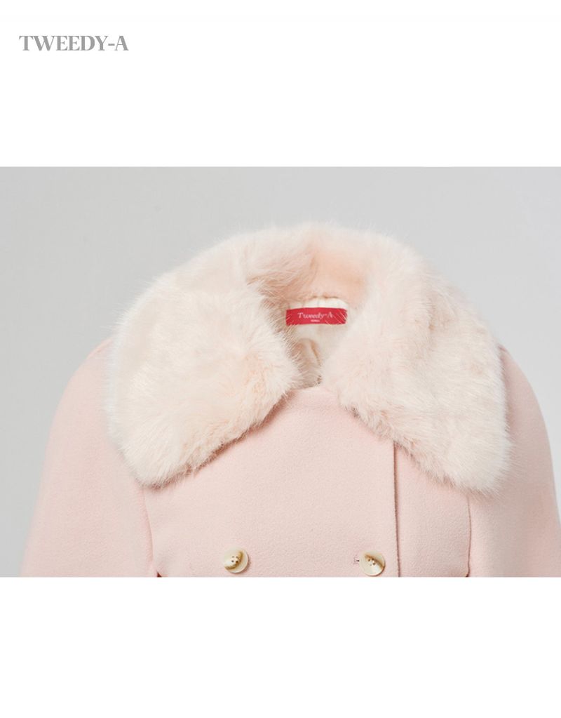 Dream fur collar belted double button quilted half single coat