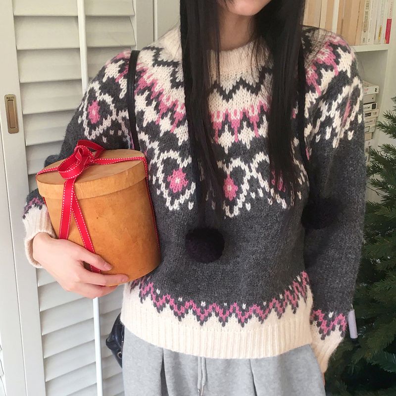 [Wool 10] Candle Heart Nordic Pattern Round Knit
