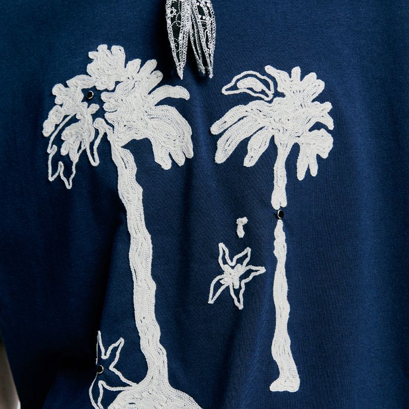 palm tree & eyelet chain needlework t-shirt navy