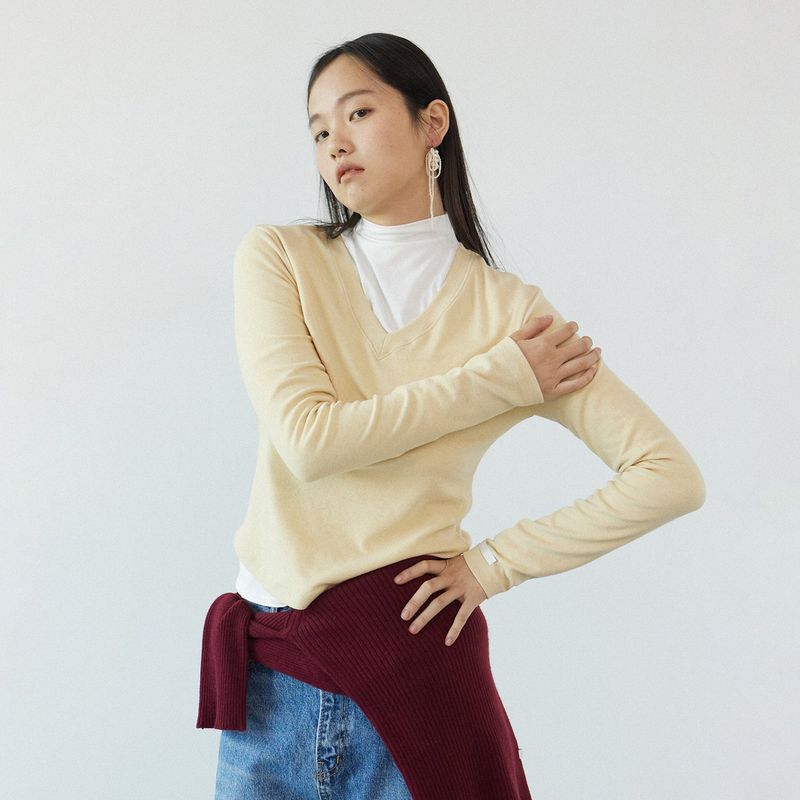 Wool V-neck daily long sleeve_yellow