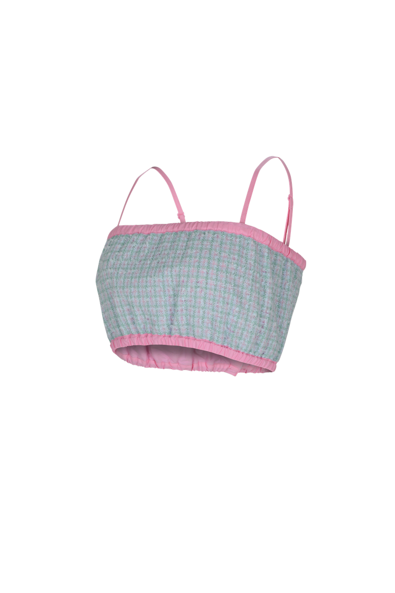 Pink tweed and crochet bustier