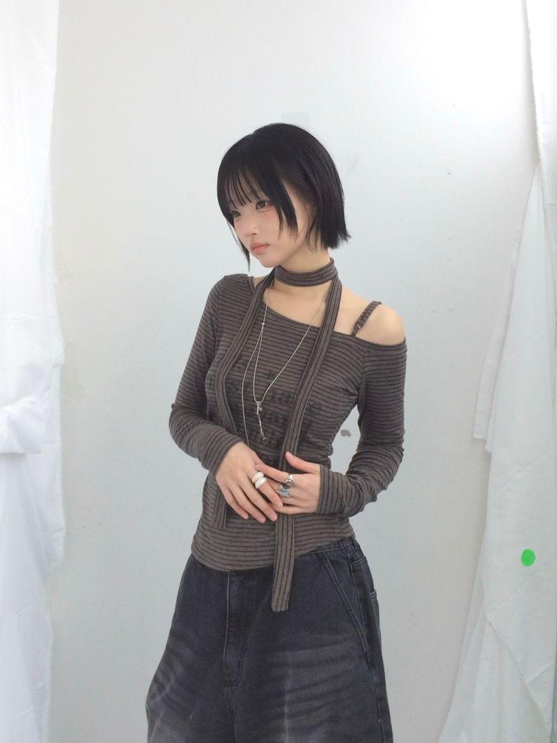 striped tie-neck top