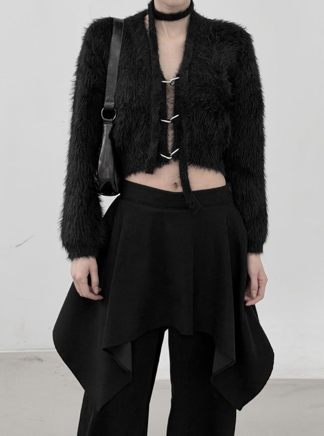 Linked Metal Ring Scarf Fur Cardigan