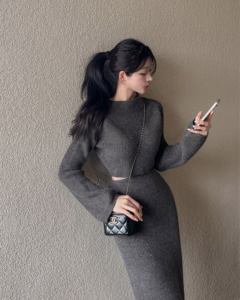 Crop knit & long skirt set