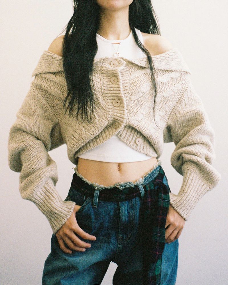 MUFFLER & TWO WAY CARDIGAN - OATMEAL