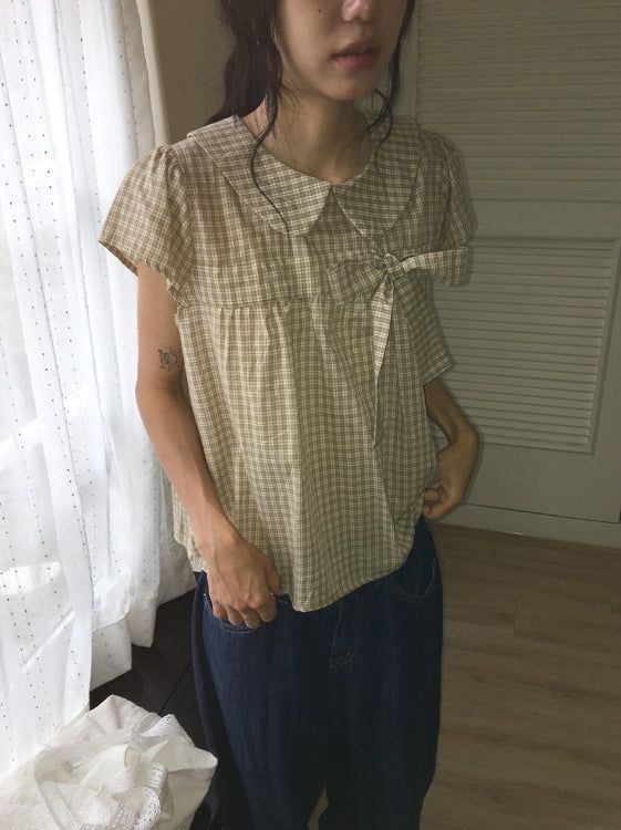 Meva Check Ribbon Short Sleeve Blouse