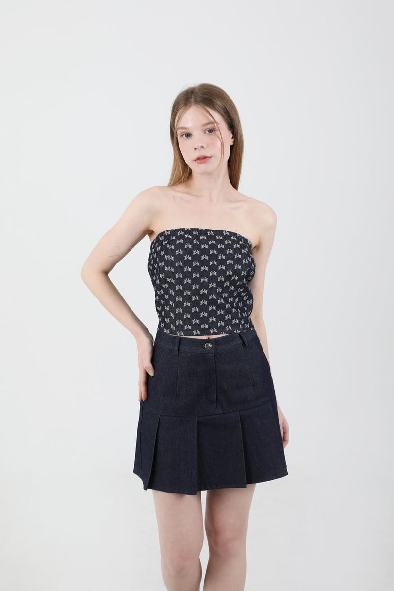 Denim Ribbon Crop Top Dark Blue